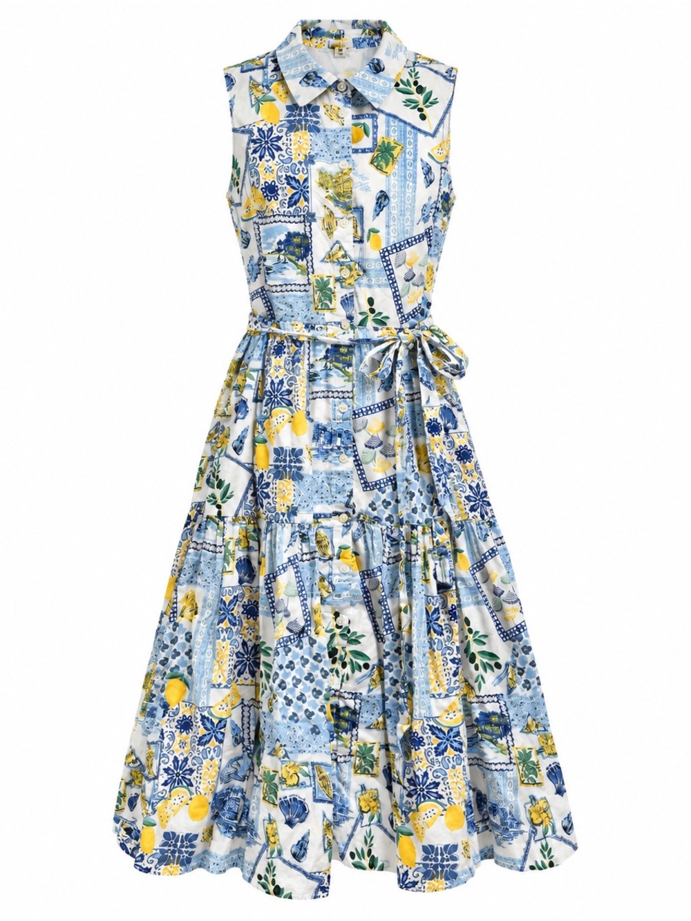 J.Crew Lemon Tile Print Belted Cotton Midi Shirt Dress 8P